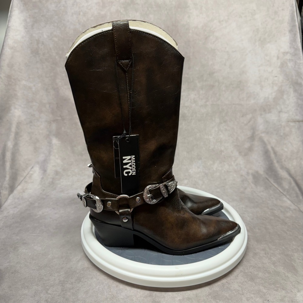 Madden NYC Cowboy Boots Women Size 6 Brown Harness Distressed Pointed Toe Boot